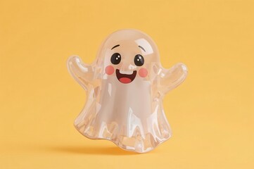Happy ghost, yellow background, Halloween, 3D render, design