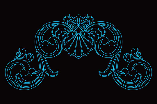 An ornate symmetrical classical decorative scroll design features a central shell motif.