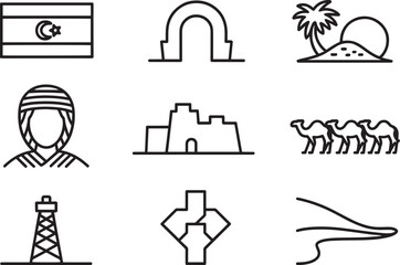 Iconic Landmarks and Cultural Symbols of Turkmenistan Depicted in Simple Line Art Style Design