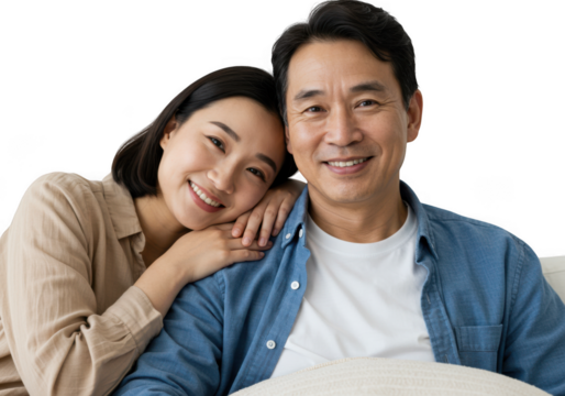 Happy asian couple embracing with warm smiles in a close-up portrait transparent background