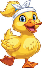 Cute cartoon yellow duck, happy duckling with headband, funny farm animal, adorable bird character, children illustration, smiling animal design