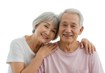 Joyful elderly couple embracing with affection and warm smiles transparent background