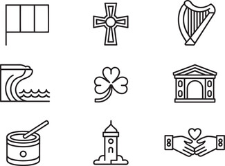 Ireland Cultural Symbols Line Art Collection Flag, Cross, Harp, Wave, Clover, Building, Drum, Tower