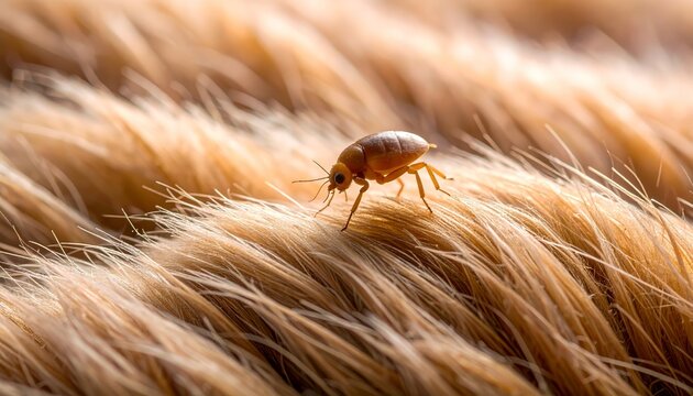 Microscopic view of a flea navigating through the intricate landscape of animal fur