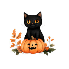 Cute black cat with a pumpkin for Halloween decoration