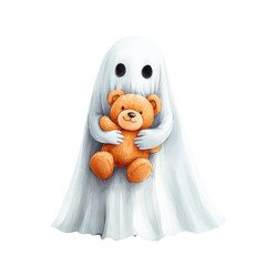 Cute ghost holding a teddy bear in a whimsical style