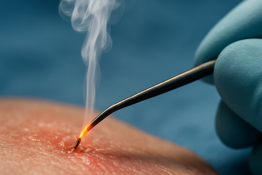 Medical close-up of a cauterization tool in use on human skin, producing smoke and sparks, demonstrating surgical precision and healthcare practice.