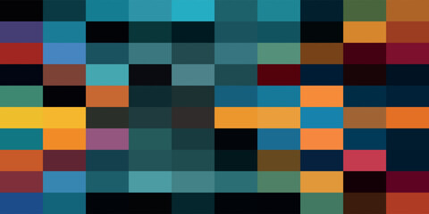 Abstract mosaic of colorful squares in varying shades of blue, orange, yellow, red, and black.
