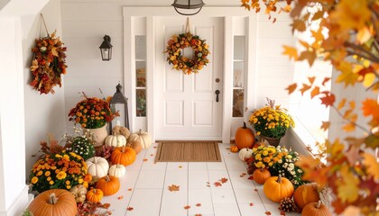 Autumnal entryway adorned with pumpkins chrysanthemums and fall foliage decorations