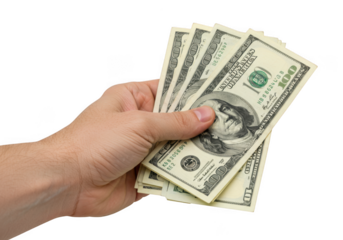 Hand holding multiple us dollar bills one hundred dollar banknotes cash money currency finance transparent background