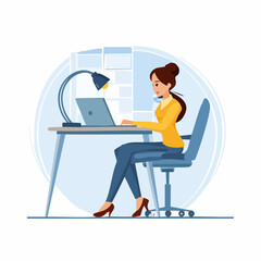 Woman Working on Laptop at Desk Illustration 1.