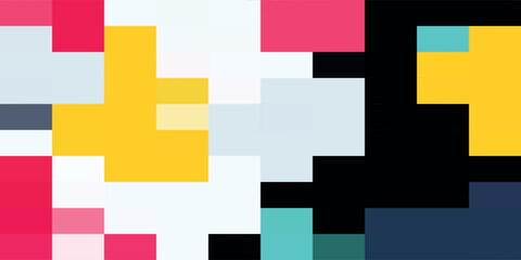 Abstract geometric composition featuring a variety of colorful squares and rectangles arranged in a playful, mosaic-like pattern.