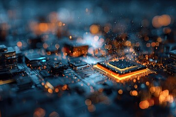 Glowing CPU on circuit board, sparks and particles