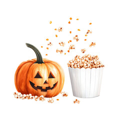 Halloween-themed pumpkin and popcorn bucket illustration