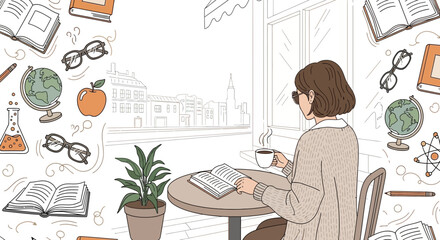 Illustration depicting a woman reading in a cafe with educational themed doodles around her