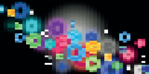 Abstract arrangement of colorful, pixelated, gear-shaped objects against a dark background with a gradient light source.