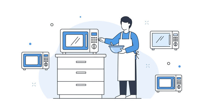 Illustration of a cook using a microwave oven surrounded by other microwaves models