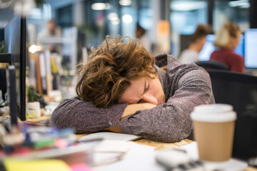 A tired employee slumped over a desk filled with paperwork and coffee cups The office around them still buzzing