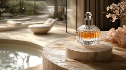 Luxurious Amber Perfume Bottle on Stone in a Serene Spa Setting with Natural Light and Greenery