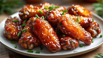 Close-up of Delicious Glazed Chicken Wings Topped with Sesame Seeds and Fresh Green Onions on a Ceramic Plate, Ready to Serve as an Appetizer
