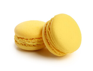 Sweet yellow macaroons on white background