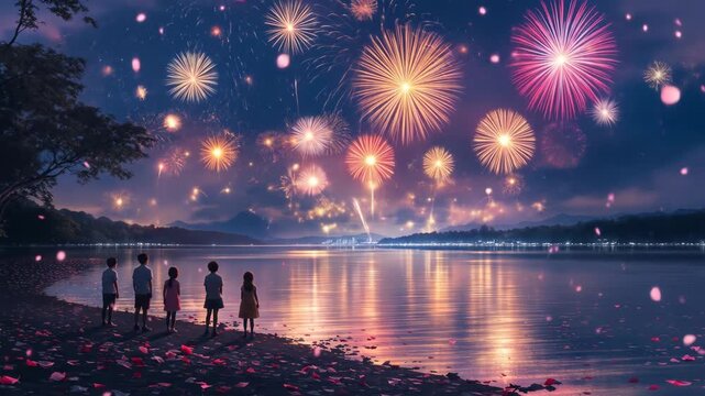 Children silhouettes enchanted by brilliant fireworks display reflecting on serene lake water during diwali festival celebration night