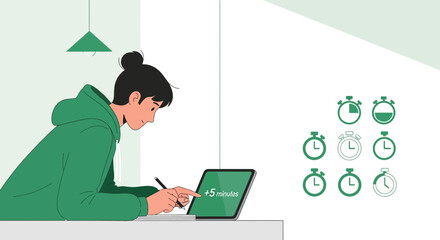 Illustration of a student using a tablet with a timer, symbolizing study time management