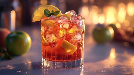 Refreshing Red Cocktail with Lemon, Mint, and Ice, Illuminated by Warm Bokeh Lights in a Bar Setting