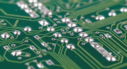 Close-up of a Green Circuit Board with Silver Solder Points, Electronics Technology Concept