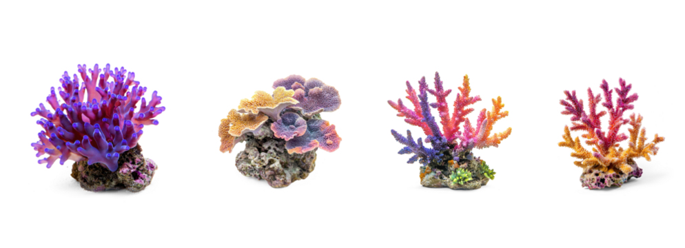 Collection of Coral thriving Develops vibrant colors as it grows in healthy conditions. full length isolate on transparent background