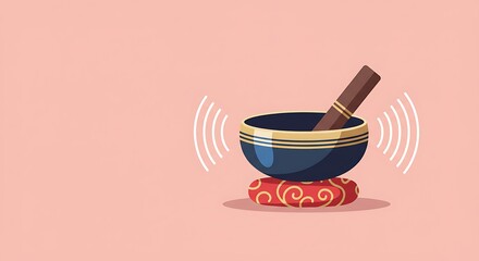 A dark-blue singing bowl rests on a patterned cushion, emitting sound waves against a soft pink backdrop.