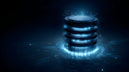 Futuristic data storage capsule with glowing layered encryption rings, blue holographic interface, dark tech background --ar 16:9