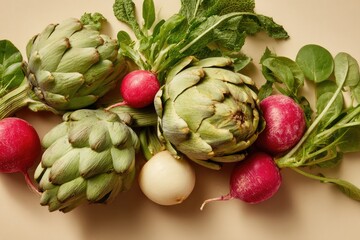 Fresh artichokes, radishes, and greens on beige background