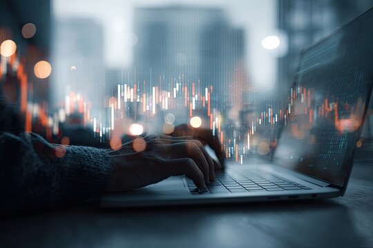 Hands typing on laptop, financial data overlaid