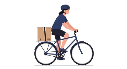 Naklejka premium A person wearing a helmet rides a bicycle with a cardboard package on the back rack.