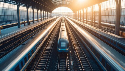 Modern Railway Station with Multiple Tracks and Trains at Sunset