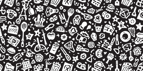 Black and White Seamless Kitchen Food Pattern Featuring Cooking Utensils and Delectable Treats for Culinary Arts and Gastronomy