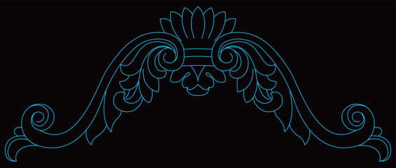 A symmetrical decorative arch features a central fan and scroll leaves.