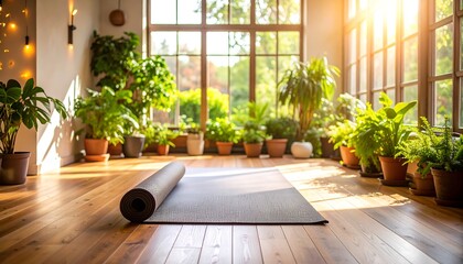 Sunny yoga studio with plants
