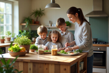 A family is gathered in their kitchen, happily preparing a meal together, surrounded by fresh herbs and vegetables, creating a joyful atmosphere. Generative AI.