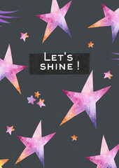 Artistic watercolor composition with bright stars, shooting comets, and galaxy