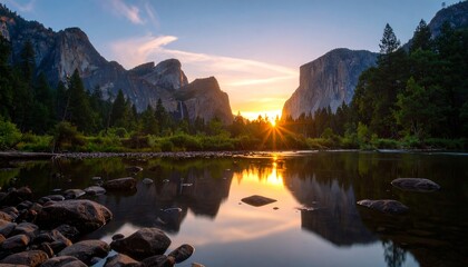 Golden hour spectacle: Serene river reflections of towering granite monoliths