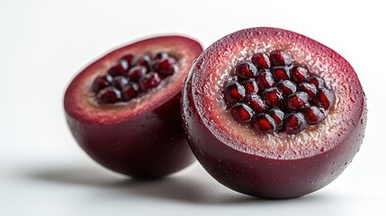 Vibrant and Juicy Red Fruit Halves with Pomegranate-like Arils, Detailed Macro Shot on a Clean White Background