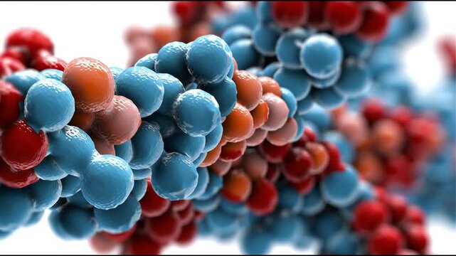 Synthesis protein. Molecular biology. Genetic code. Ribosome. Amino acid biosynthesis. A close-up view of a molecular structure with colorful atoms.