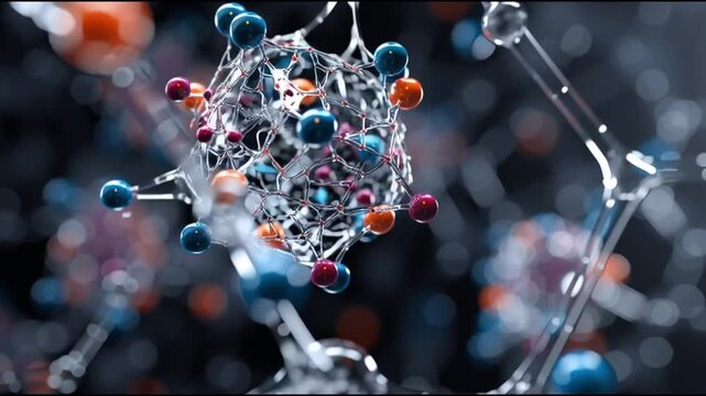 Synthesis protein. Molecular biology. Genetic code. Ribosome. Amino acid biosynthesis. A close-up of vibrant molecular structures in a dark background.