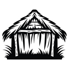 Monochrome illustration of a traditional thatched hut or shelter in black and white