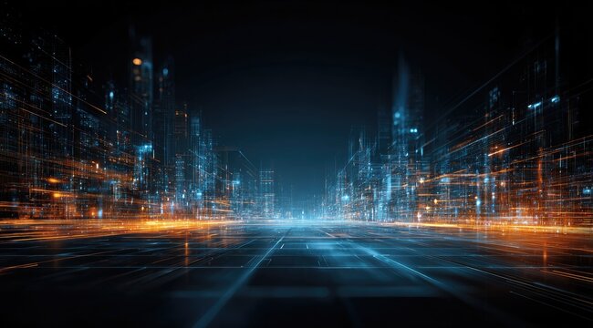 Futuristic digital cityscape at night, glowing with data streams