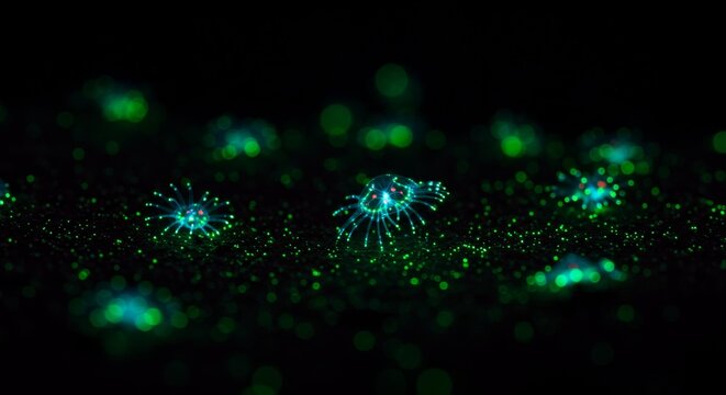 Captivating close-up of glowing jellyfish-like creatures in the dark depth - Powered by Adobe