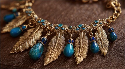 Elegant Gold Necklace with Blue Gems and Feather Charms