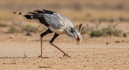 Obraz premium Secretary bird in action hunting for prey on the african savannah plains